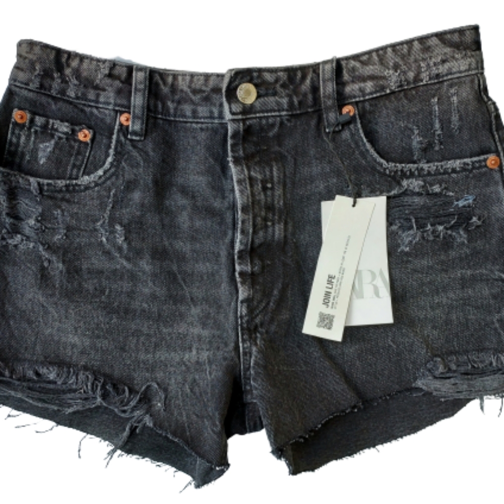 Zara Black Denim High Rise Distressed Short Size 6 Button Fly Frayed Hem NEW NWT - Picture 3 of 9